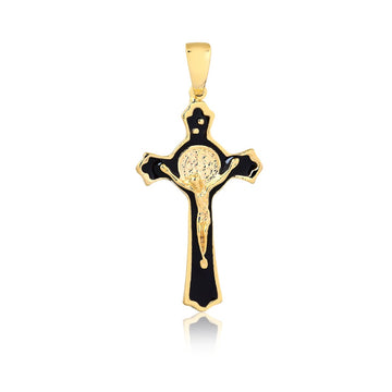 18K Gold Layered Oro Laminado Black Enamel Jesus Cross Design Religious Pendant 31.0012/2